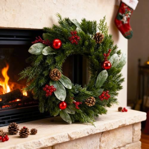 Artificial Christmas Wreath with Balls, 16" Christmas Wreath for Front Door with Pine Cones Red Berries and Eucalyptus Leaves Christmas Decorations, Wall Porch Indoor Outdoor Winter Decor(Red) - Image 2