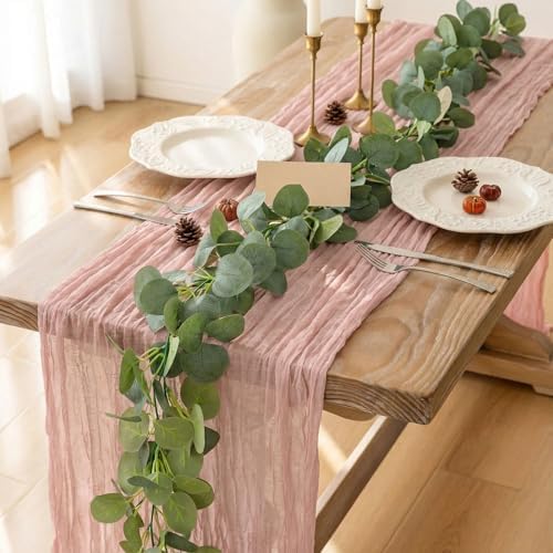 Leinuosen 8 Set 10 Ft Light Pink Cheesecloth Table Runner Wedding Decor with 6 Ft Eucalyptus Garland, Boho Gauze Table Centerpiece Runner for Wedding Baby Shower Birthday Party Decoration - Image 5
