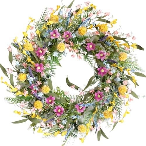 22" Spring Summer Wreath for Front Door - Colorful Wildflower Wreath with Lavender & Forsythia, Everyday Floral Wreaths for Front Door Outside, Spring Door Wreath for Indoor Home Decor by Egolot