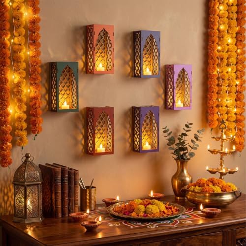 Ripeng 6 Set Diwali Wooden Light Holder Indian Jharokha Wall Decorations - Image 5
