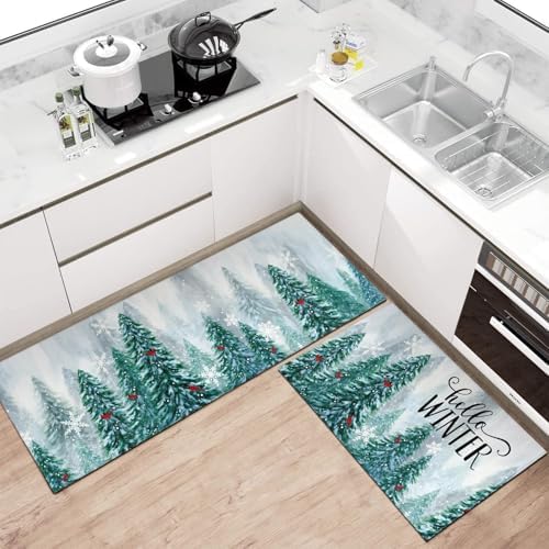 Winter Kitchen Rugs and Mats for Floor Set of 2,Merry Christmas Pine Trees Snowy Forest Red Cardinal Birds Xmas Holiday Sink Mat Non Skid Washable for Home Farmhouse Decor 17"x48"+17"x30" - Image 2