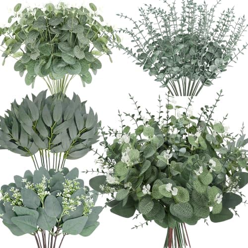 Palonu 150 Pcs 4 Kinds Mixed Artificial Eucalyptus Leaves Stems Bulk Fake Silver Dollar Eucalyptus Bundle Faux Plants Greenery for DIY Bouquets Floral Arrangement Wedding Engagement Party Decor by Palonu