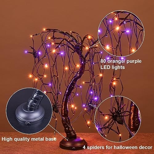 24Inch Halloween Lighted Willow Tree Bonsai Light 80 Orange and Purple LED Lights Table Top Lamp Artificial Tree Desk Decor with 4 Spiders Adapter Plug in/Battery Powered for Christmas Decoration - Image 3