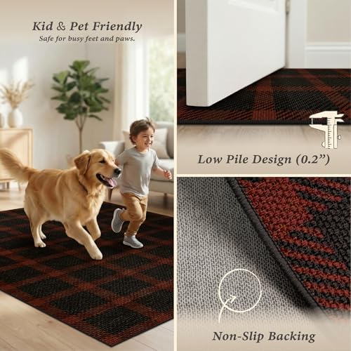 JTJ Easy Jute 2x6 Outdoor Runner Rug, Black & Red Buffalo Plaid, Washable - Image 5