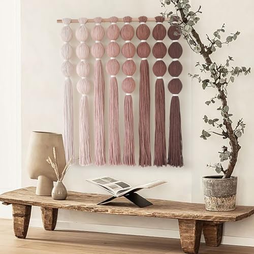 Macrame Wall Hanging Dip Dyed Red Yarn Balls Tassel Boho Decor 27"W*31"L - Image 5