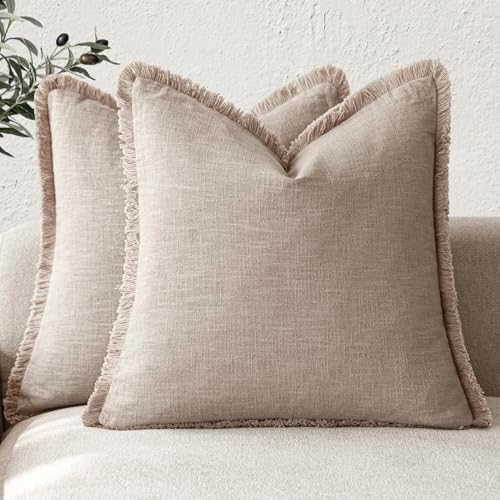 Foindtower Decorative Linen Fringe Throw Pillow Covers 22×22 Natural Linen by Foindtower