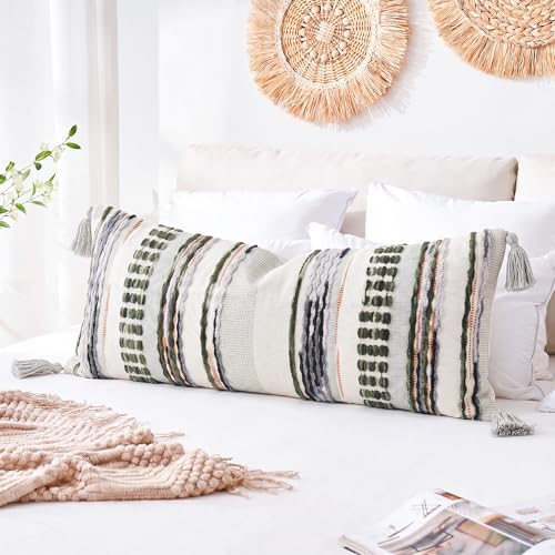 NUYECY Chenille and Cotton Long Pillow for Bed, Striped Textured Boho Lumbar Throw Pillow Cover 14x36, Neutral Accent Decorative Extra Long Body Pillow Case for Couch, Sofa, Bedroom, Sage Green by NUYECY