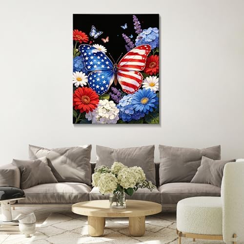 July 4th Patriotic Canvas Wall Art 4th of July USA Decorations American Flag and Butterfly Picture Wall Decor Independence Day Home Decor 24x32in - Image 2