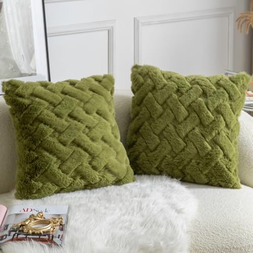 Yaertun Set of 2 Decorative Throw Pillow Covers Thick Plush Wool Throw Pillows Super Soft Luxury Faux Rabbit Fur Velvet Cushion Covers for Couch Sofa Bed Living Room 24x24 Inch Olive Green - Image 2