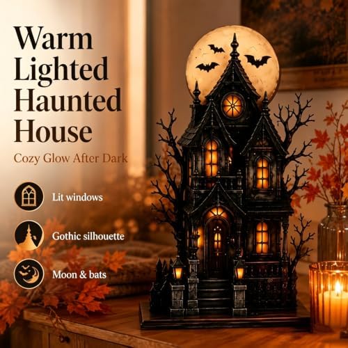 Lighted Halloween Haunted House & Character Figurine Collection, Halloween Decorations with Ghost, Black Cat & Pumpkin Figures, Gothic Haunted House Centerpiece for Mantel Shelf Home Decor，Ghost - Image 2