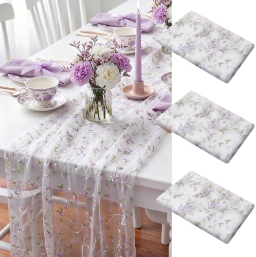 Lounsweer 3 Pcs Purple Flower Table Runner 10ft Embroidery Tulle Lace by Lounsweer