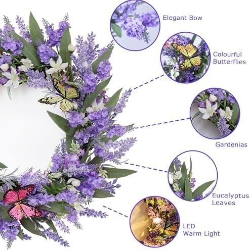 20" Lavender Wreath with LED Lights & Butterflies, Front Door Decor - Image 3