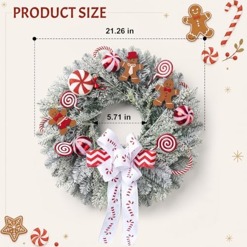 Winter Christmas Wreath Candy Cane Gingerbread for Front Door, 18" Christmas Red White Xmas Indoor Outdoor Wreath, Holiday Wreaths for Window Wall - Image 2