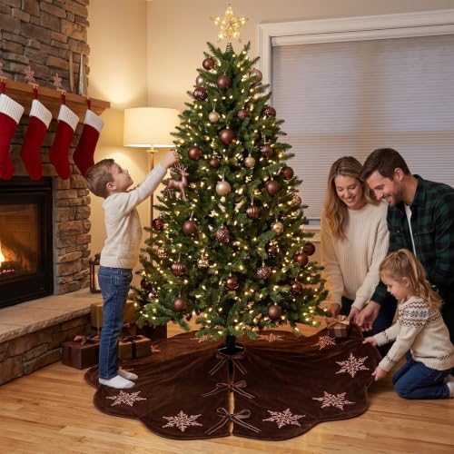 Hollowfly Brown Velvet Christmas Tree Skirt with Sequin Snowflake 48'' - Image 5