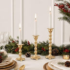 AIM & GGKK Gold Candlestick Holders Set of 3, Premium Metal Taper Candle Holders with Elegant Petal Base & Beaded Column Design, Matte Gold Finish for Table Centerpiece Wedding Party Home Decor - Image 3