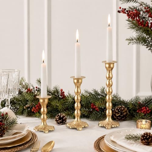 AIM & GGKK Gold Candlestick Holders Set of 3, Premium Metal Taper Candle Holders with Elegant Petal Base & Beaded Column Design, Matte Gold Finish for Table Centerpiece Wedding Party Home Decor - Image 3