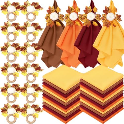 LemonRoad 36 Pcs Cloth Napkins and Napkin Ring Holders, Reusable Fabric for Table Decor Banquet Holiday Dinner Party Supply (Orange, Burgundy, Gold, Coffee, White,Fall) by Unknown