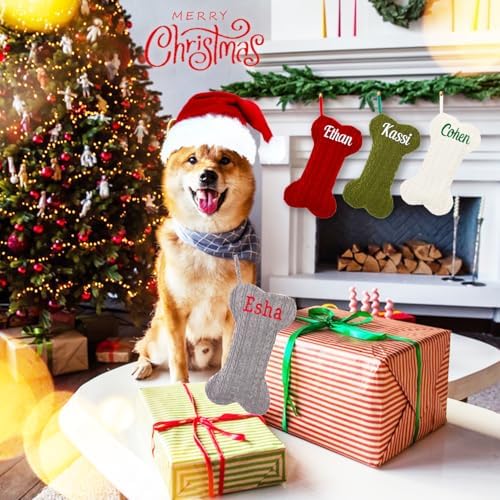 Personalized Dog Christmas Stockings, Custom Embroidered Knit Bone Shape - Image 5