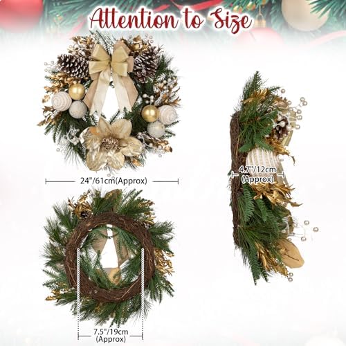 24" Champagne Christmas Wreaths for Front Door with Magnolia Fake Pearl - Image 2