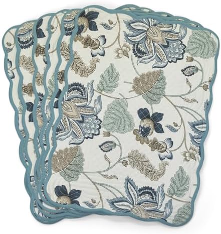 Botanical Blues Luxury Handcrafted Placemats (Reversible) Cotton Quilted Fabric Machine Washable – Set of 6 – Elegant Home Decor – 14 x 19 inches – Bloom Collection - Image 2