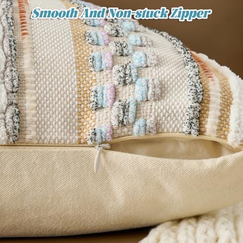 AmHoo Set of 2 Chenille Striped Textured Boho Throw Pillow Covers Aesthetic with Tassels Woven Decorative Pillow Case for Couch Bed Sofa Bedroom Modern Funky 18 x 18-Inch White Multicolor - Image 3