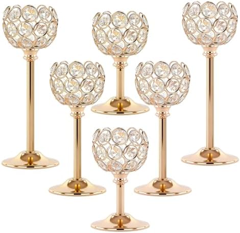 Crystal Candle Holders 2 Set of 6 - Gold Vintage Hollow Ball Candle Stand for Table Centerpiece, Crystal Metal Tealight Candlestick for Wedding, Dining Room Decor by Unknown
