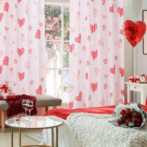 youleyar Valentine's Day Curtains for Living Room, 84 Inch Length Red Heart Rose Printed Pattern Curtain, Rod Pocket Window Drapes Decorations for Bedroom Dining Room Drapes, 52W x 84L - Image 2
