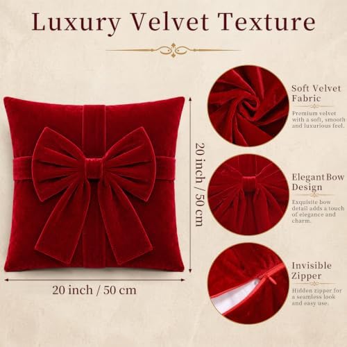 Frienda 4 Pcs Christmas Throw Pillows Cover 20"x20" Burgundy Velvet Bow - Image 2