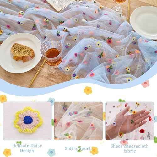 6PCS Blue Floral Table Runner 10 FT, Embroidery Daisy Table Runners Seasonal Spring Summer Sheer Tulle Dining Table Decor for Home Party Birthday Decor 29x120 Inch ﻿ - Image 6