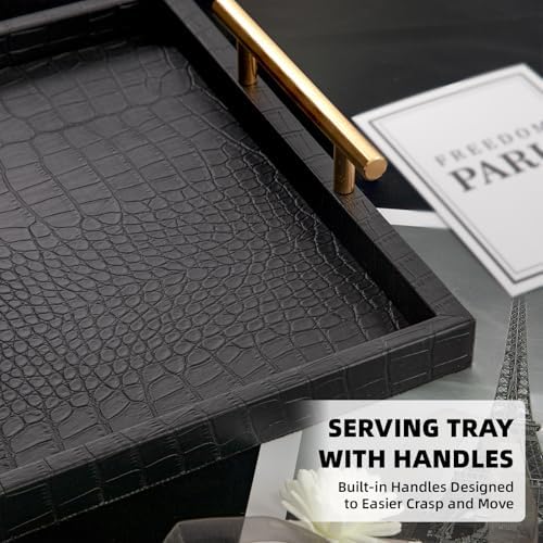 Modern Elegant Large Wood Serving Tray, Set of 2 Black Crocodile Leather with Gold Polished Metal Handles, Home Decorative Rectangle Ottoman Decor Platter Living Room Bathroom Vanity Tray - Image 4