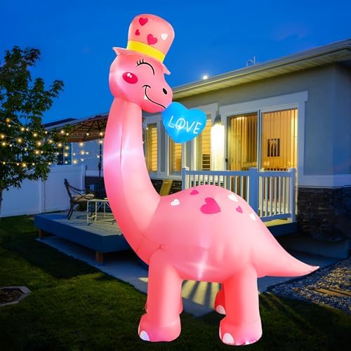 BLOWOUT FUN 8 Ft Valentine's Day Inflatable Dinosaur Light Up Decoration Blow Up Brachiosaurus for Birthday Wedding Anniversary Party Decor - Image 2