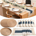 Boho Table Runner and Placemats Set, 6 Sets, Blue, 12x72 by Gandeer