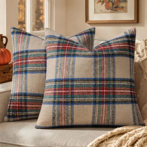 MIULEE Fall Plaid Decorative Euro Sham Pillow Covers Set of 2 24x24 Khaki by MIULEE