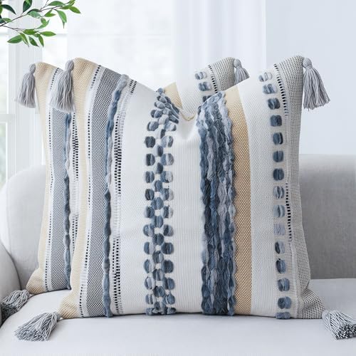 PANOD Chenille Farmhouse Throw Pillow Covers 18 x 18 Grey, Neutral Boucle Couch Pillow Cover, Striped Decorative Boho Coushion Cover Pillow Case for Couch Bed Sofa Bedroom,Modern Accent,Set of 2 by PANOD