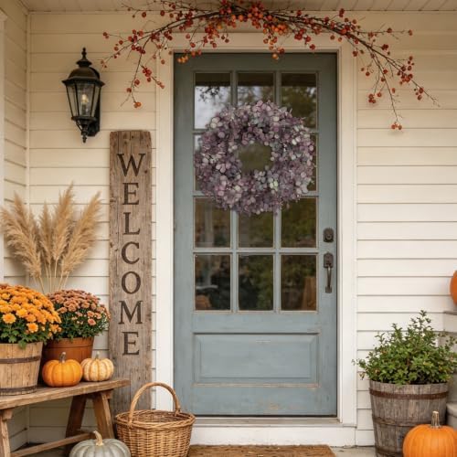24" Fall Wreath for Front Door with Artificial Burgundy Eucalyptus Leaves - Image 7