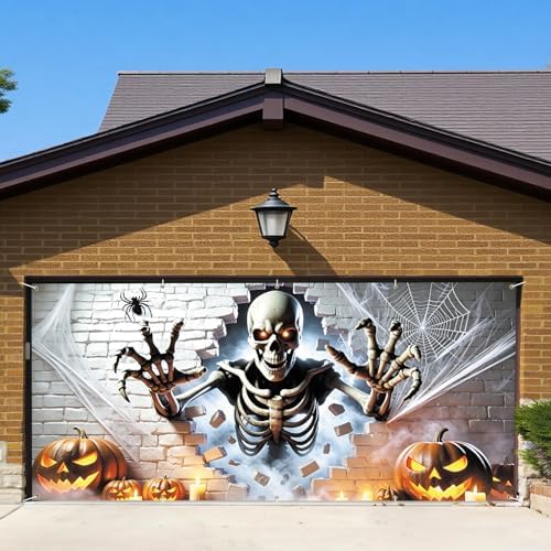 7x16FT Skeleton Break Wall Halloween Garage Door Banner Skeleton Pumpkin Spider Happy Hallowen Garage Door Cover Decoration for Hallowen Decoration - Image 5