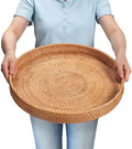 Rattan Large Serving Tray, Wicker Round Fruit/Bread Serving Basket, Extra Large Decorative Ottoman Tray for Living Room, Coffee Table, Breakfast, 16.9 inch by YANGQIHOME