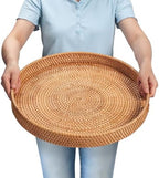 Rattan Large Serving Tray, Wicker Round Fruit/Bread Serving Basket, Extra Large Decorative Ottoman Tray for Living Room, Coffee Table, Breakfast, 16.9 inch by YANGQIHOME