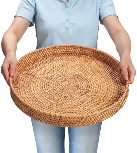 Rattan Large Serving Tray, Wicker Round Fruit/Bread Serving Basket, Extra Large Decorative Ottoman Tray for Living Room, Coffee Table, Breakfast, 16.9 inch by YANGQIHOME