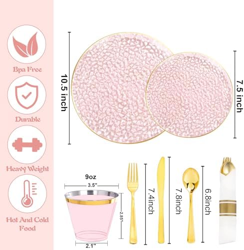 Rubtlamp 700Pcs Pink Gold Plastic Plates, Fancy Hammer Party Plate, Pink Plastic Dinnerware Set Include 100 Dinner Plates,100Salad Plates,100Cups,100Pre Rolled Gold plastic Silverware for Party - Image 2