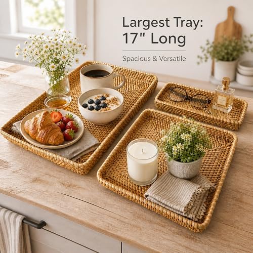 i-lan 17" Large Rattan Nesting Serving Trays, Handwoven Wicker Set of 3 - Image 2