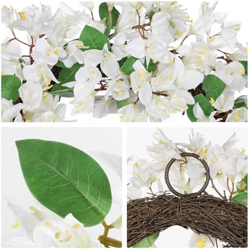 Briful Spring Wreaths for Front Door 18'' Fake Bougainvillea Flower Wreath Silk White Floral Hanging Wreath Outdoor Summer Wreath for Home Wall Fireplace Front Porch Patio Décor - Image 3