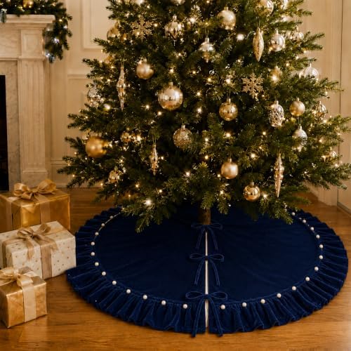 Nevy Velvet Christmas Tree Skirt with Ruffled Edge&Pearl,60" - Image 3