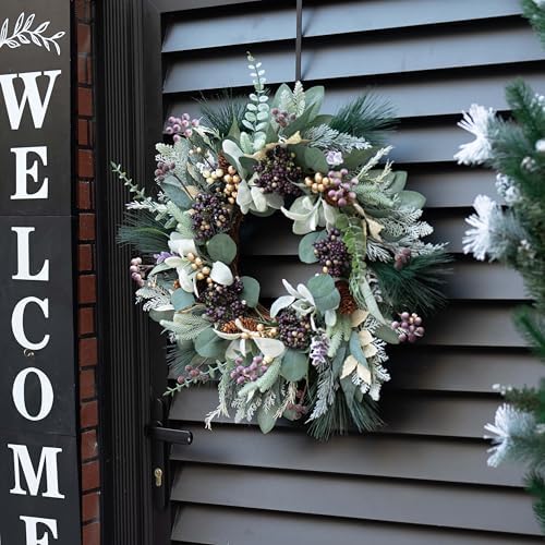 Winter Wreaths for Front Door, Soomeir Artificial Winter Door Wreath with Snow Leaves, Pine Needles and Blueberry Berries, for Home Window Indoor Outdoor Decor Decorations - Image 2