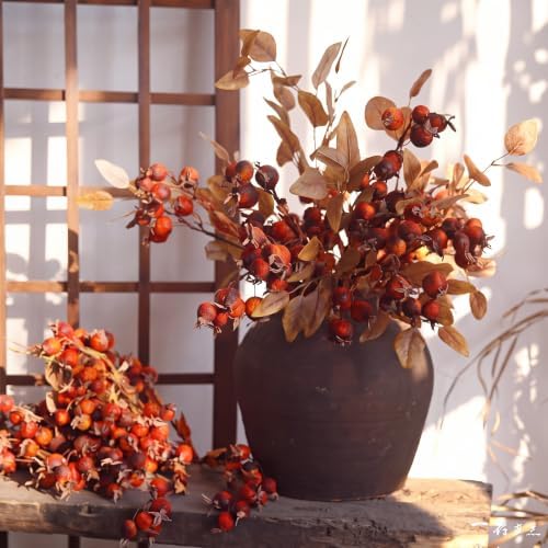 Wavwavw 6 Pcs Artificial Fall Rose Hip Stem 21" Faux Dried Berry Branch - Image 2