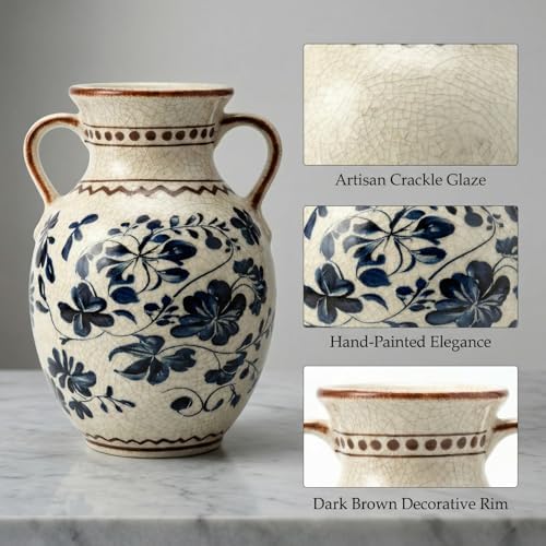 EFISPSS Ceramic Vintage Vase,Spring Decor Unique Chinese Crackle Floral Handle for Dining Room Mantle Living Room,Blue - Image 3