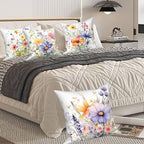 4 Pcs/Set Floral Pillow Covers Wild Flowers Sage Green Leaves Colorful Plants Vintage Throw Pillow Covers for Outdoor Home Couch Sofa Bedroom Farmhouse Decorative, 22"x22" - Image 7
