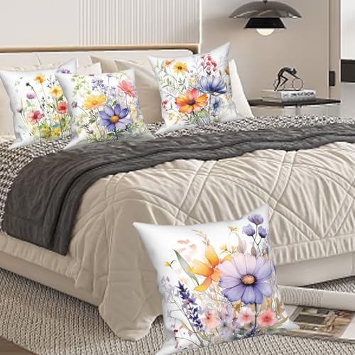 4 Pcs/Set Floral Pillow Covers Wild Flowers Sage Green Leaves Colorful Plants Vintage Throw Pillow Covers for Outdoor Home Couch Sofa Bedroom Farmhouse Decorative, 22"x22" - Image 7