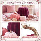 Bucherry 3 Pcs Velvet Pumpkin Decor Set 3D Foam Pumpkin, Pink - Image 3
