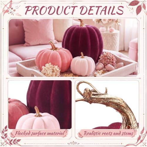 Bucherry 3 Pcs Velvet Pumpkin Decor Set 3D Foam Pumpkin, Pink - Image 3